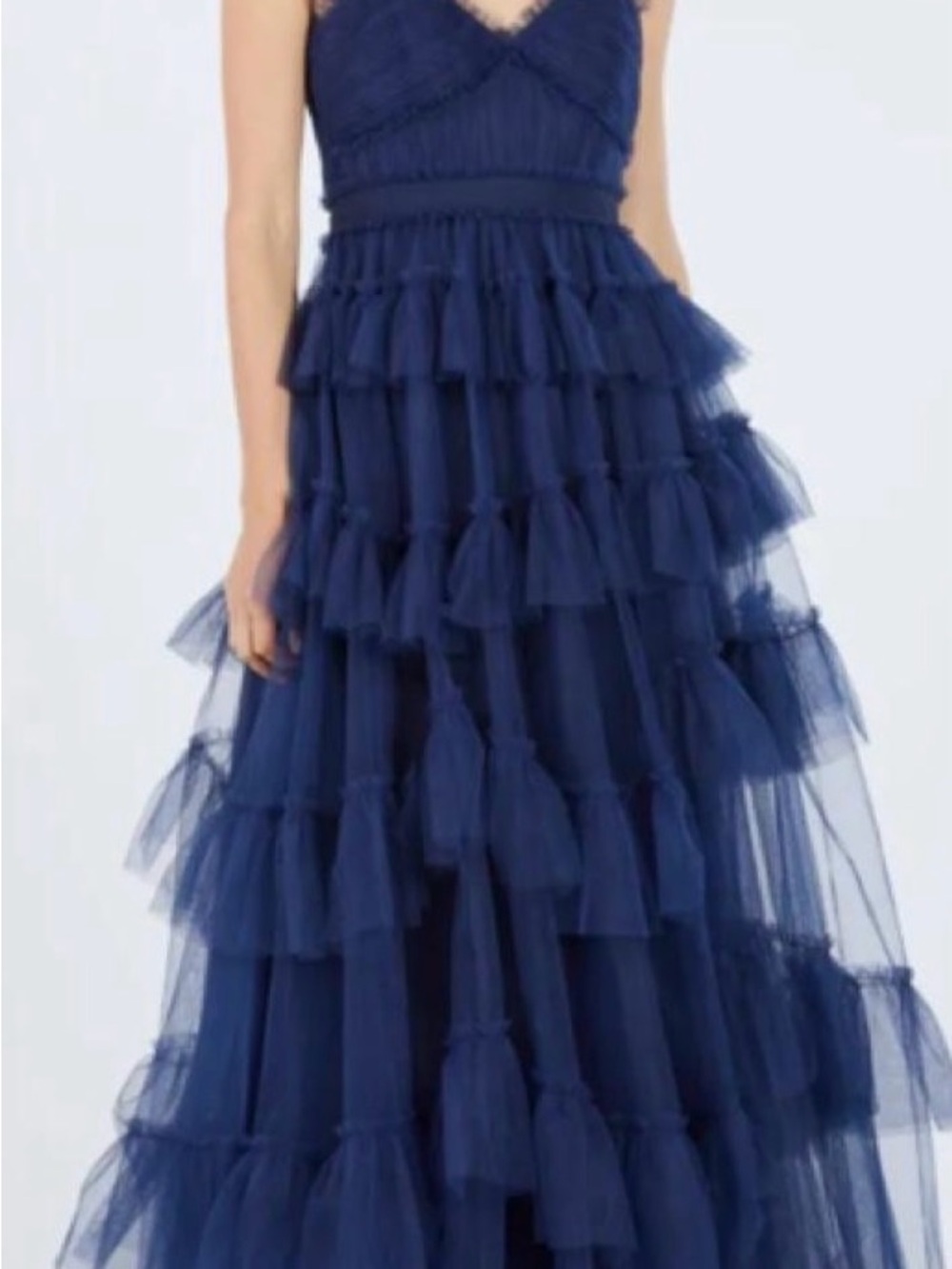 BCBGMaxAzria Navy Tiered Tulle Gown